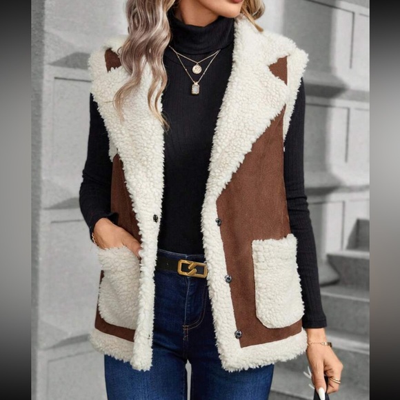 Boho color block lapel collar pockets sleeveless teddy jacket - Picture 5 of 6